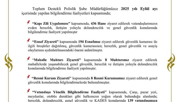Sivas Valiliği İl Emniyet Müdürlüğü logolu belgede toplum destekli polislik faaliyetleri ve maddeler yer alıyor.