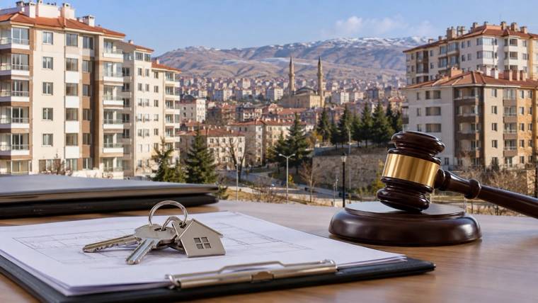 Ön planda ev anahtarları ve tokmak bulunan belgeler, arka planda apartmanlar ve dağlık kent manzarası görülüyor.