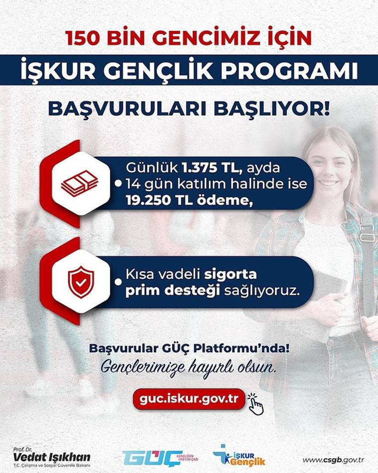 İŞKUR Gençlik Programı duyurusunda günlük 1.375 TL ödeme ve kısa vadeli sigorta desteği yazıyor.