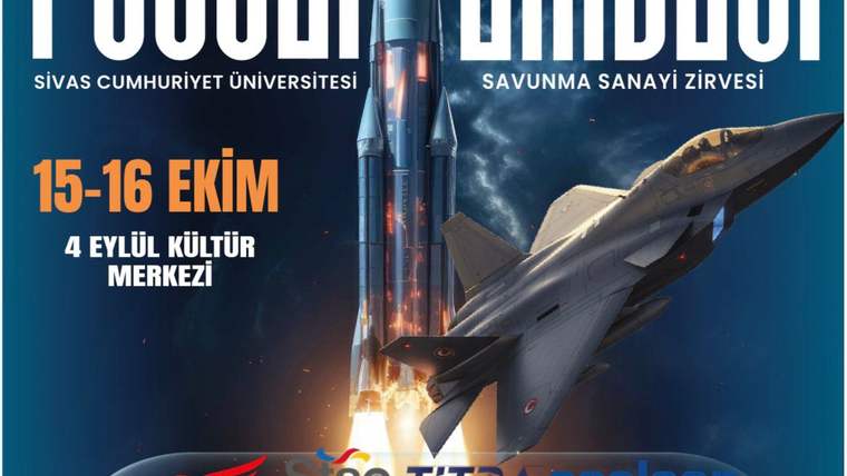 Savunma sanayi zirvesi afişinde roket ve savaş uçağı görselleri, 15-16 Ekim tarihleri ve kurum logoları yer alıyor.
