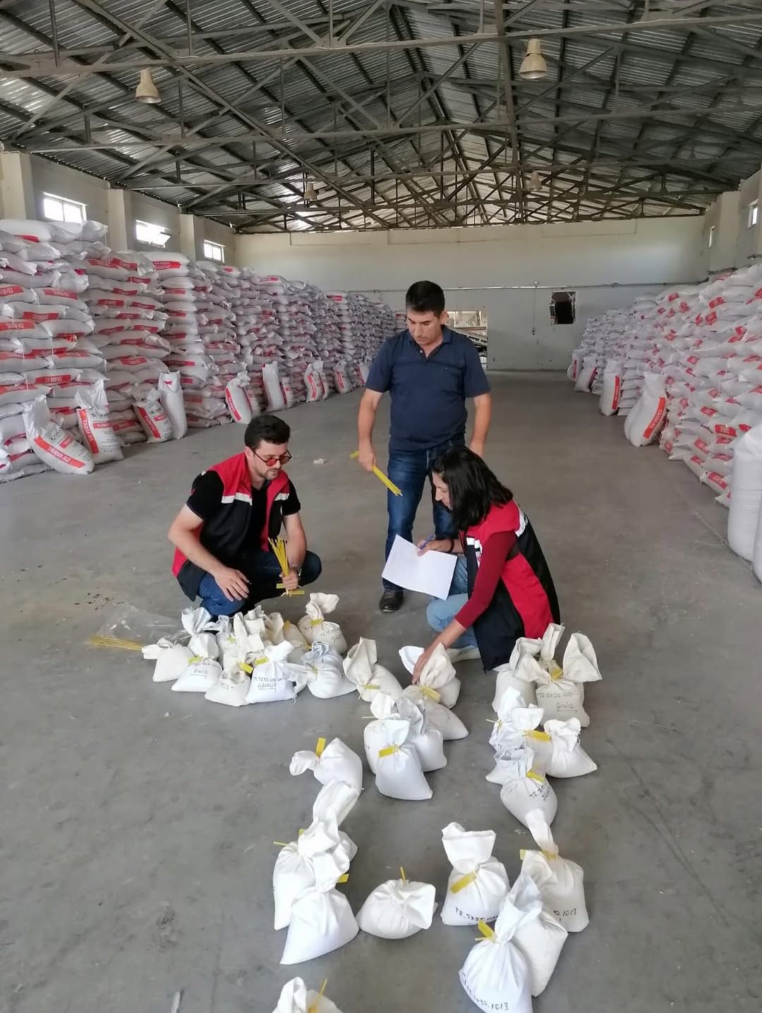Depoda çuvalların arasında üç kişi, yerdeki küçük tohum torbalarını ve belgeleri inceliyor.