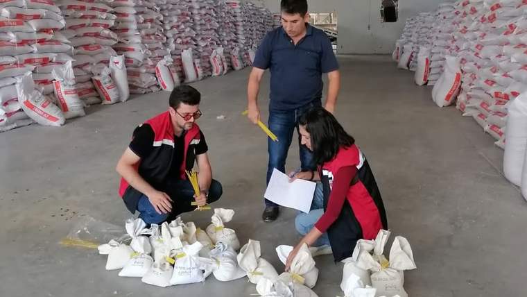 Depoda çuvalların arasında üç kişi, yerdeki küçük tohum torbalarını ve belgeleri inceliyor.