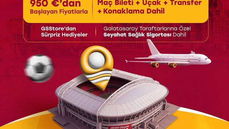 Kırmızı zemin üzerinde Johan Cruijff Arena maketi, futbol topu, konum işareti ve uçak illüstrasyonu.