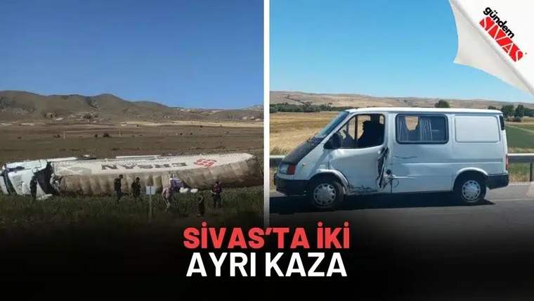 Yan yatmış büyük beyaz aracın çevresinde insanlar, yanında ise kapısı hasarlı beyaz bir minibüs görülüyor.