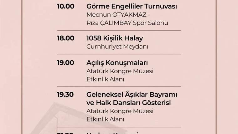 Etkinlik programı, saat ve içerik bilgileriyle birlikte listelenmiş.