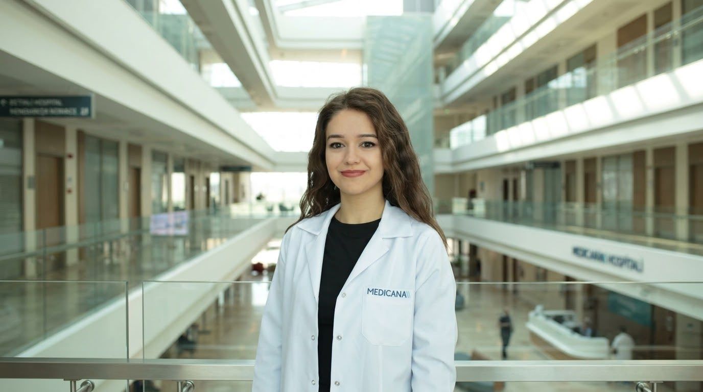 Hastane içindeki galeri boşluğunda, üzerinde “Medicana” yazan beyaz önlüklü bir kadın duruyor.