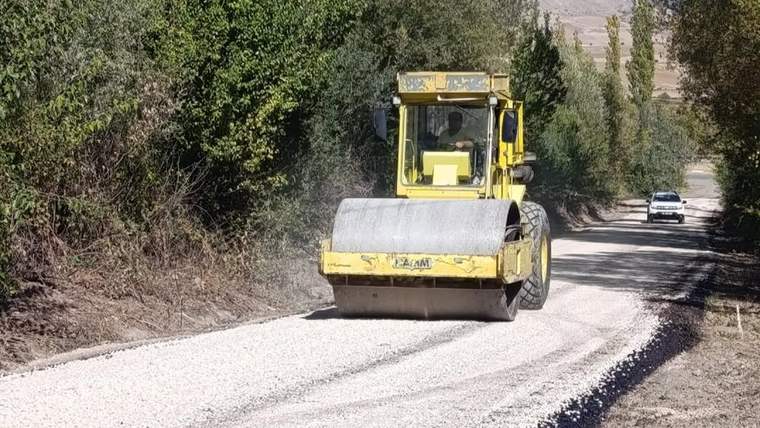 Sarı bir yol silindiri, ağaçlarla çevrili stabilize yolda ilerlerken arkasında beyaz bir otomobil görülüyor.
