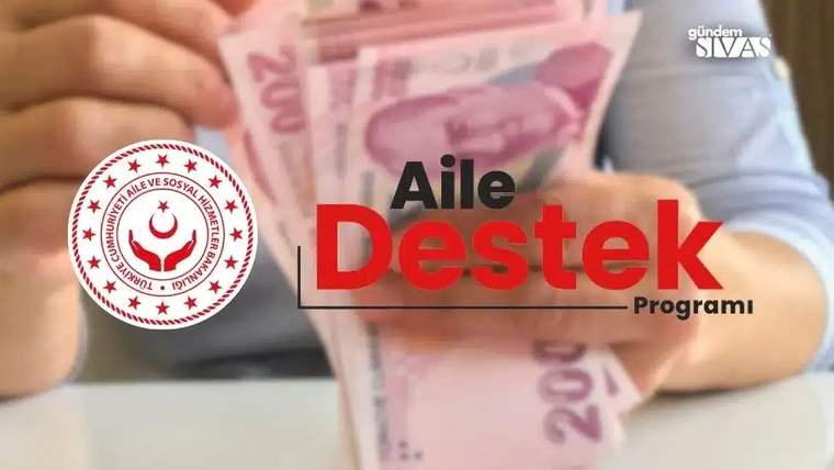 Bir kişinin elinde 200 TL banknotlar tutuluyor, arka planda Aile Destek Programı logosu görünüyor.