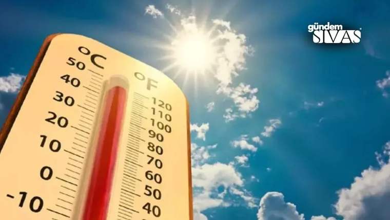 Güneşli bir gökyüzünde, sıcaklık ölçen bir termometre 90°F gösteriyor.