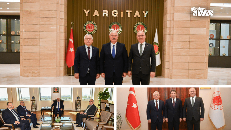 Yargıtay tabelası önünde üç kişi, Türk bayrakları arasında duruyor; alt karelerde toplantı ve ikili görüşmeler görülüyor.
