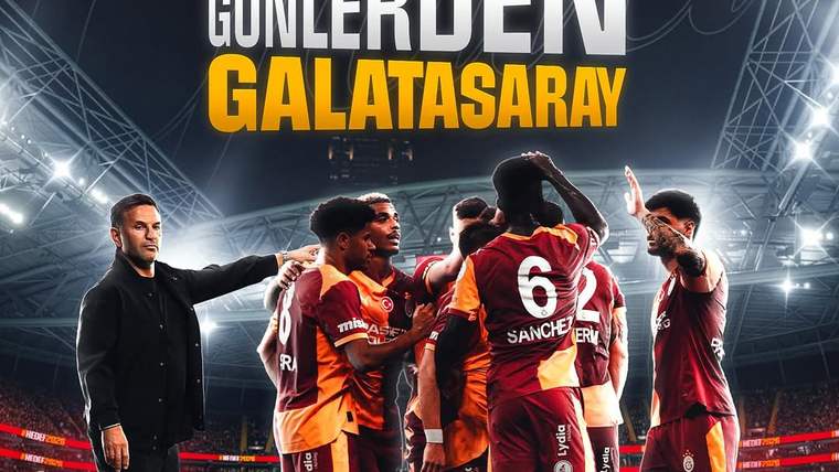 Stadyum ışıkları altında Galatasaray formalı futbolcular bir araya gelirken, siyah giyimli bir kişi onları işaret ediyor.