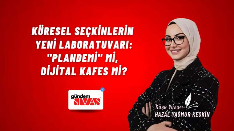 Kırmızı arka planda, gözlük takan başörtülü bir kadın, yazılı metinle birlikte poz veriyor.