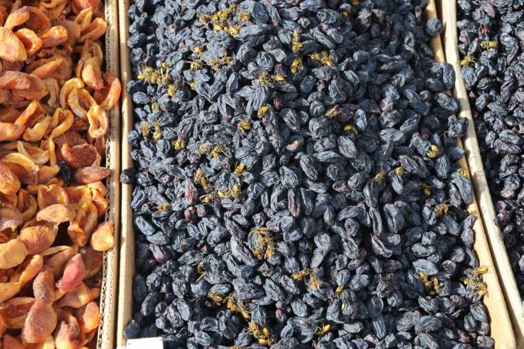 Tezgâhta kuru kayısı ve kuru üzüm arasında çok sayıda sarı-siyah yaban arısı görülüyor.