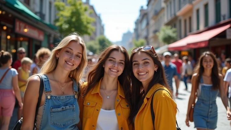 Şehir caddesinde, biri sarı ceketli üç genç kadın yan yana durarak gülümsüyor; çevrede dükkânlar ve yayalar var.