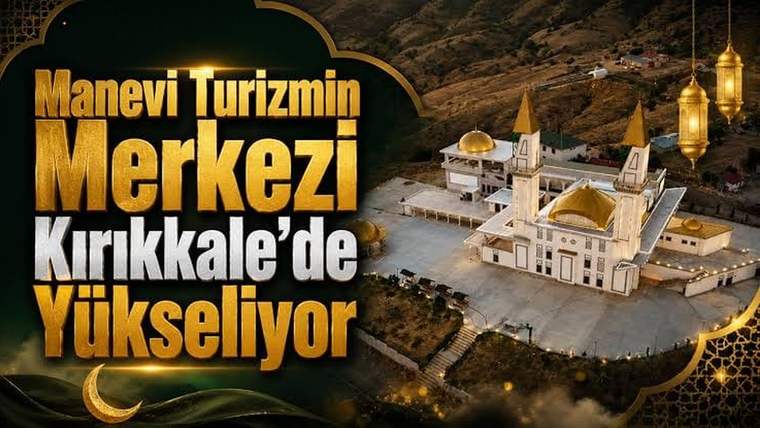 Minareli ve kubbeli bir yapı kompleksi tasviri, yanında “Manevi Turizmin Merkezi” yazısı ve hilal bulunuyor.