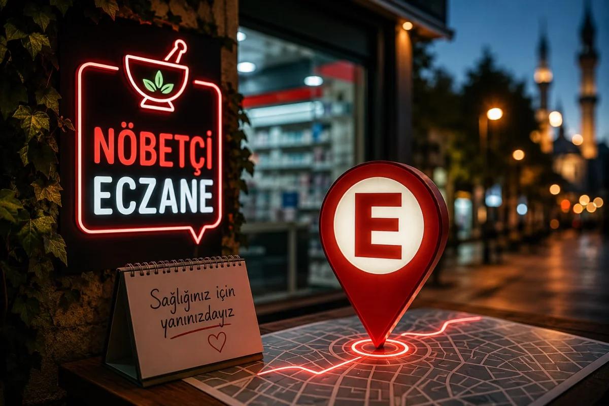 Nöbetçi eczane tabelası ve harita üzerinde yer belirten işaretçi, arka planda cami silueti.