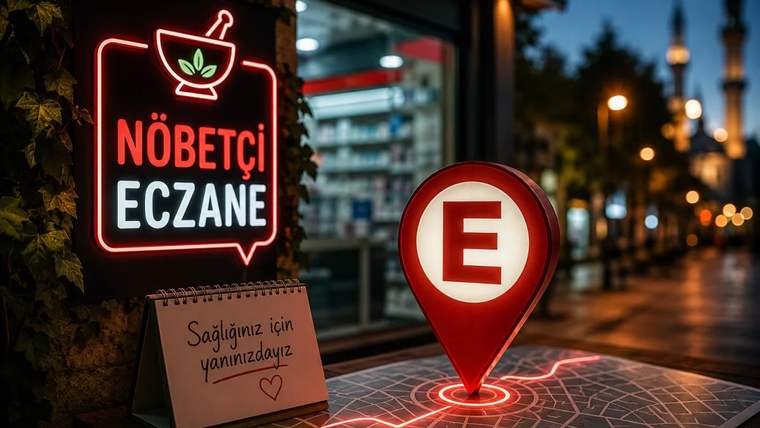 Nöbetçi eczane tabelası ve harita üzerinde yer belirten işaretçi, arka planda cami silueti.