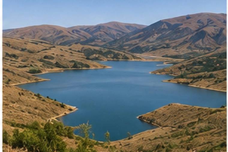 Dağlarla çevrili baraj gölünün mavi suyu, kurak tepeler arasındaki koylara uzanıyor.