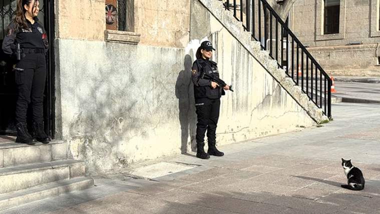 Taş bir binanın önünde iki polis beklerken, kaldırımda siyah beyaz bir kedi oturuyor.