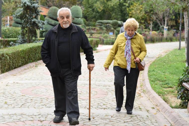 Park yolunda baston kullanan yaşlı bir erkek ile yanında yürüyen yaşlı bir kadın görülüyor.