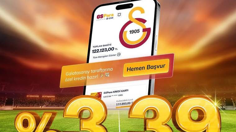 Saha görüntüsü önünde GSPara uygulaması açık telefon, Galatasaray arması ve büyük yüzde 3,39 yazısı