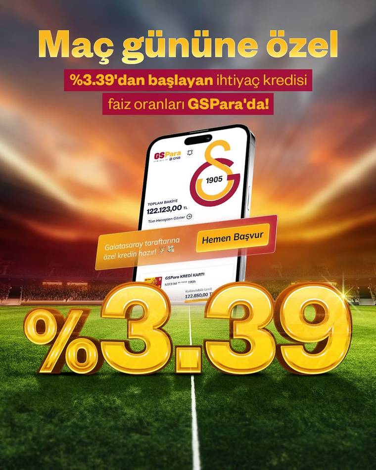 Saha görüntüsü önünde GSPara uygulaması açık telefon, Galatasaray arması ve büyük yüzde 3,39 yazısı