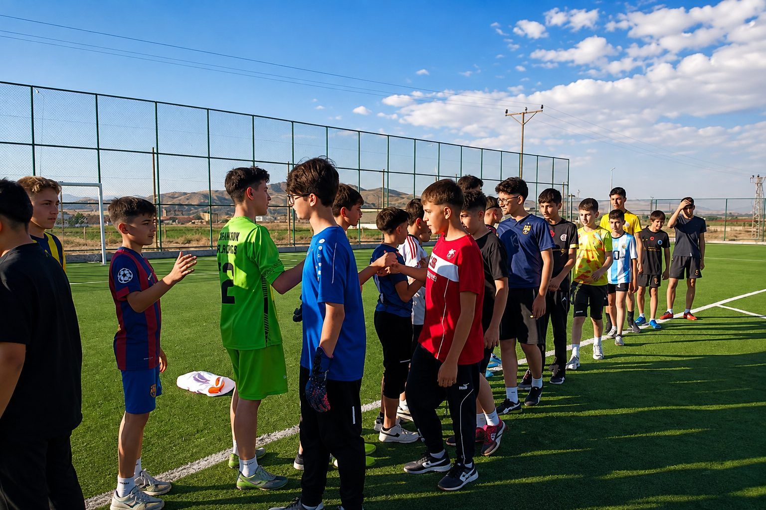 Sentetik futbol sahasında iki sıra halinde duran genç futbolcular birbirleriyle tokalaşıyor.