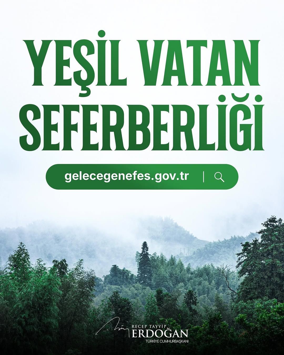 Yeşil Vatan Seferberliği yazılı bir afiş, arka planda ağaçlar ve sisli bir doğa manzarası var.