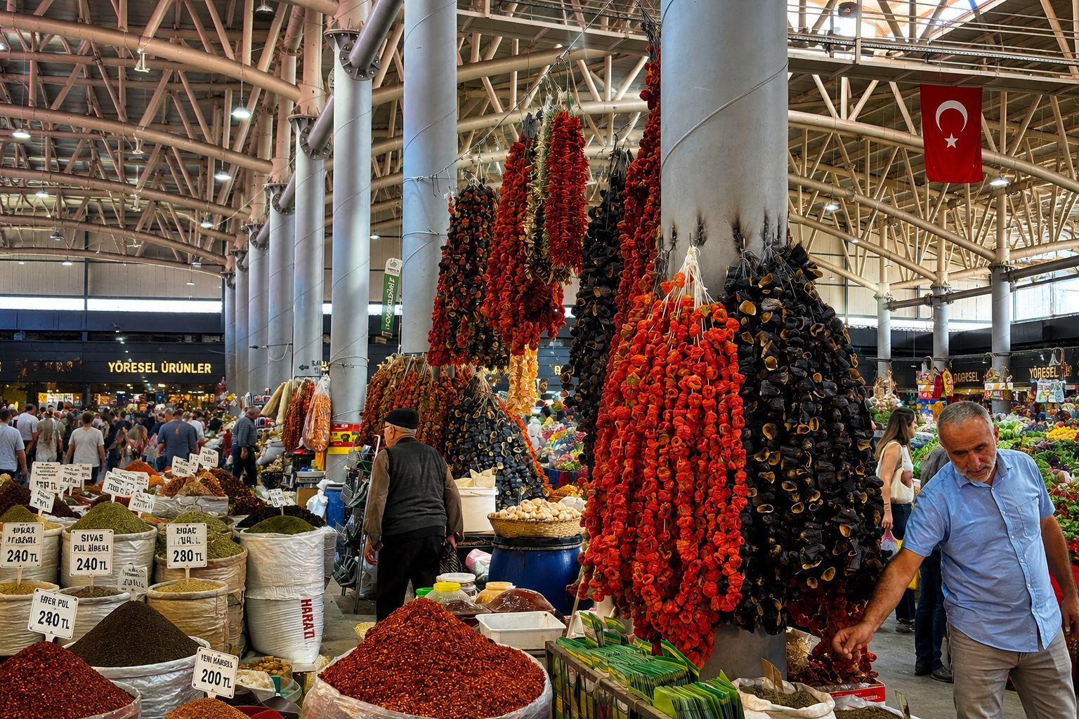 Kapalı pazarda asılı kırmızı ve siyah kurutulmuş ürünlerin önünde baharat tezgâhları ve alışveriş yapanlar görülüyor.