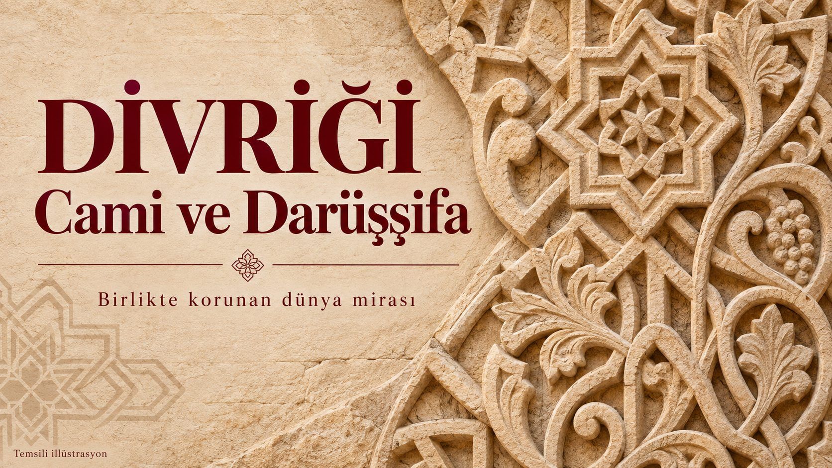 Divriği Cami ve Darüşşifa başlığı ile taş bezemeleri gösteren temsili illüstrasyon.