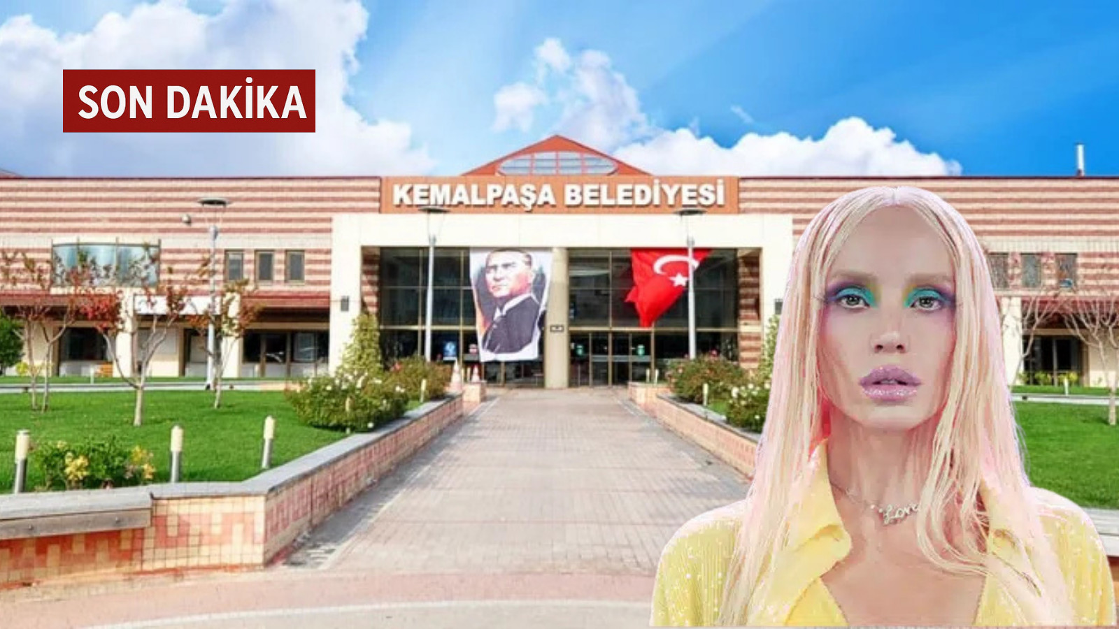 Kemalpaşa Belediyesi binası önünde Türk bayrağı ve Atatürk posteri asılı, yeşil alan ve çiçekler var.