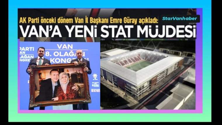 Kolajda kürsüde konuşan bir kişi, çerçeve ve stadyum maketiyle birlikte; üstte “Van’a yeni stat müjdesi” yazısı yer alıyor.