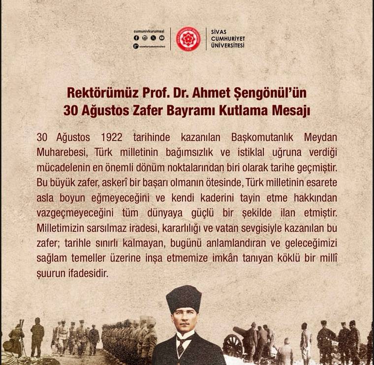 Sivas Cumhuriyet Üniversitesi logosu bulunan mesaj afişinde metin ve altta Atatürk portresi yer alıyor.