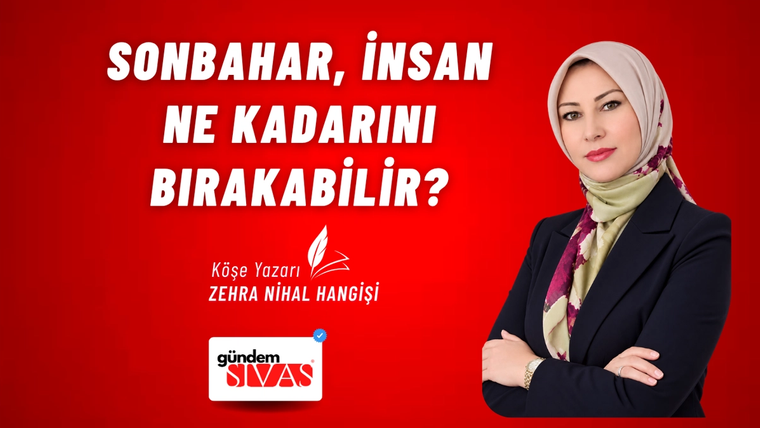 Kırmızı zeminli tasarımda başörtülü, koyu ceketli bir kadın ve yanında köşe yazısı metni yer alıyor.