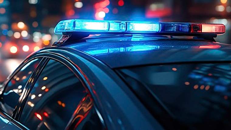 Gece çekiminde bir otomobilin üzerinde mavi ve kırmızı ışıkları yanan ışıklı tepe lambası görülüyor.