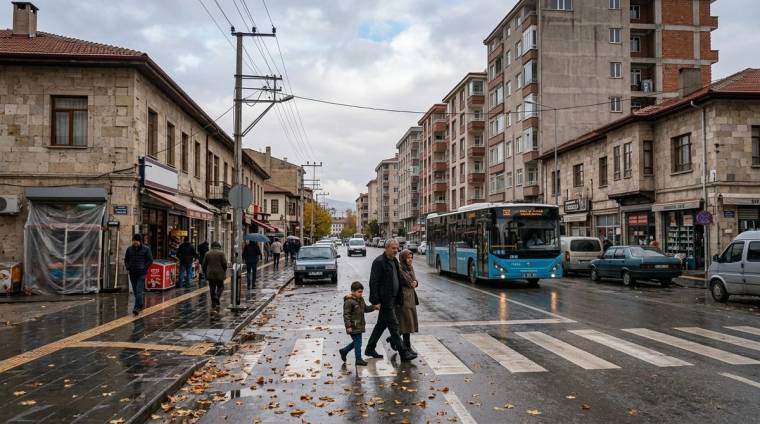 Islak caddede yayalar karşıdan karşıya geçerken mavi bir belediye otobüsü ve çok katlı binalar görülüyor.