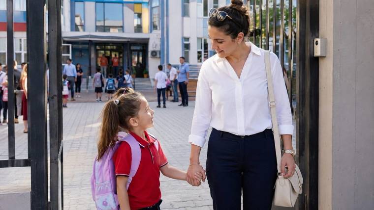 Beyaz gömlekli bir kadın, kırmızı tişörtlü ve pembe çantalı bir kız çocuğunun elini tutarak bina girişinde yürüyor.