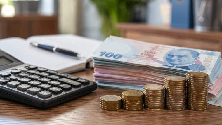 Masa üzerinde hesap makinesi, kalem, 100 liralık banknot destesi ve farklı yüksekliklerde madeni para dizileri.