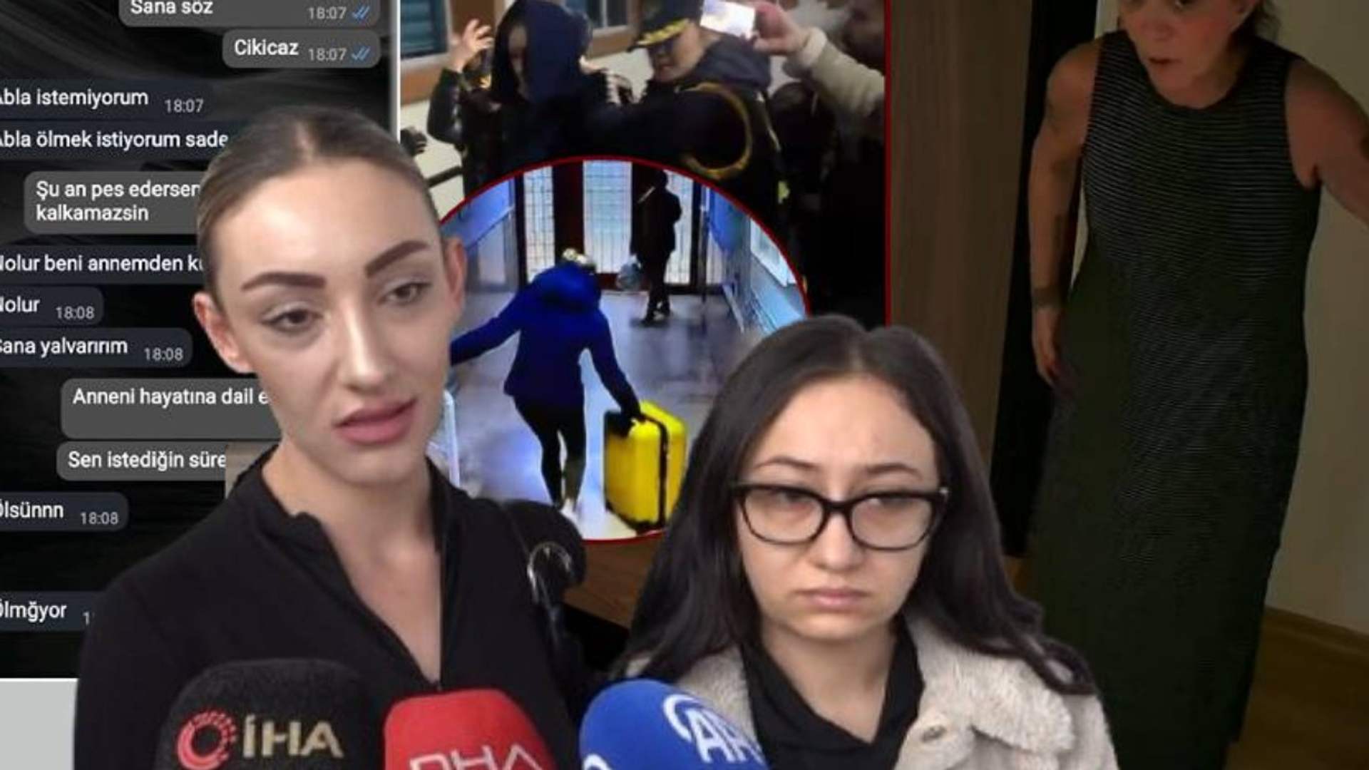 Önde iki kadın ve mikrofonlar, arkada mesaj ekranı, koridor görüntüsü ve kapı önünde duran bir kadın görülüyor.