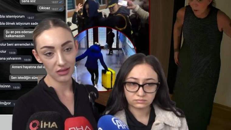 Önde iki kadın ve mikrofonlar, arkada mesaj ekranı, koridor görüntüsü ve kapı önünde duran bir kadın görülüyor.