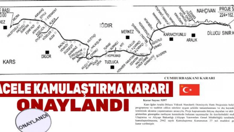 Iğdır ve Nahçıvan çevresini gösteren demiryolu güzergâh haritası ile kamulaştırma kararına ilişkin gazete kupürü.