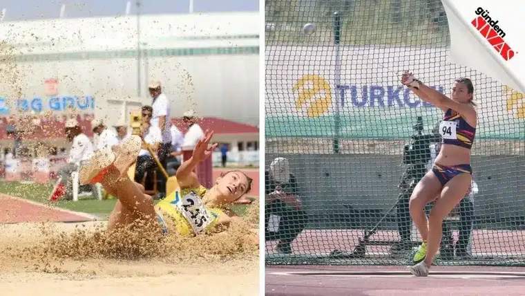 Atletizm kolajında bir sporcu kum havuzuna atlarken, diğeri ağ kafes içinde atış yapıyor.