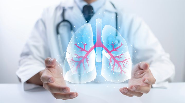 Beyaz önlük giymiş bir doktor, havada süzülen insan akciğerini iki eliyle tutuyor.