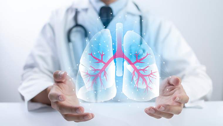 Beyaz önlük giymiş bir doktor, havada süzülen insan akciğerini iki eliyle tutuyor.