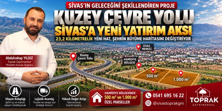 Bir erkeğin yer aldığı tanıtım görselinde, şehir manzarası üzerinde çevre yolu ve arsa bölgeleri işaretleniyor.