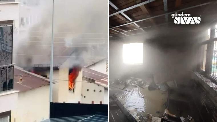 Bir binanın penceresinden alevler yükseliyor; içeride ise isli duvarlar ve su birikintileri görülüyor.