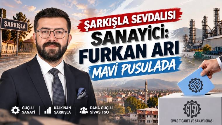Kravatlı ve gözlüklü bir erkek portresi; arka planda sanayi tesisi, şehir manzarası ve mavi pusula görülüyor.