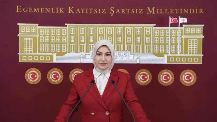 Kırmızı ceket giymiş bir kadın, arkasında Türkiye bayrağı ve resmi bir bina görünüyor.