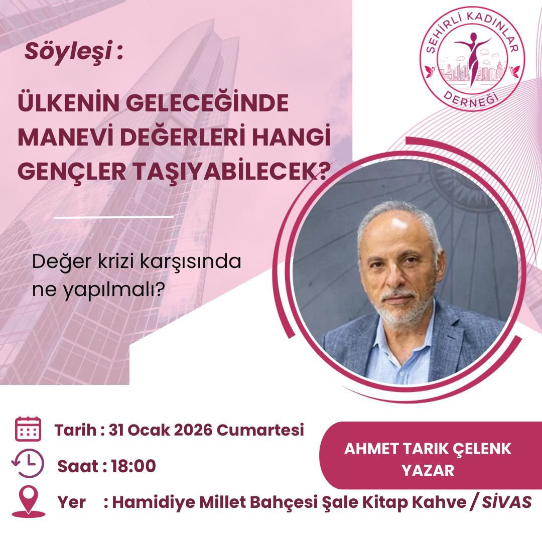 Pembe-beyaz söyleşi afişinde yaşlı bir erkeğin portresi, değer krizi sorusu ve 31 Ocak 2026 tarihi yer alıyor.