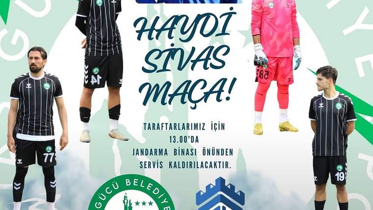 Sivas Gücü Belediyespor ve Ortahisar Futbol Kulübü logolarının yer aldığı maç afişinde dört futbolcu bulunuyor.